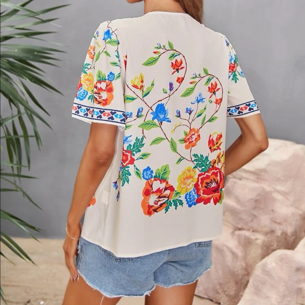 Boho Cream Floral Print Puff Sleeve Top Blouse - Picture 2 of 8
